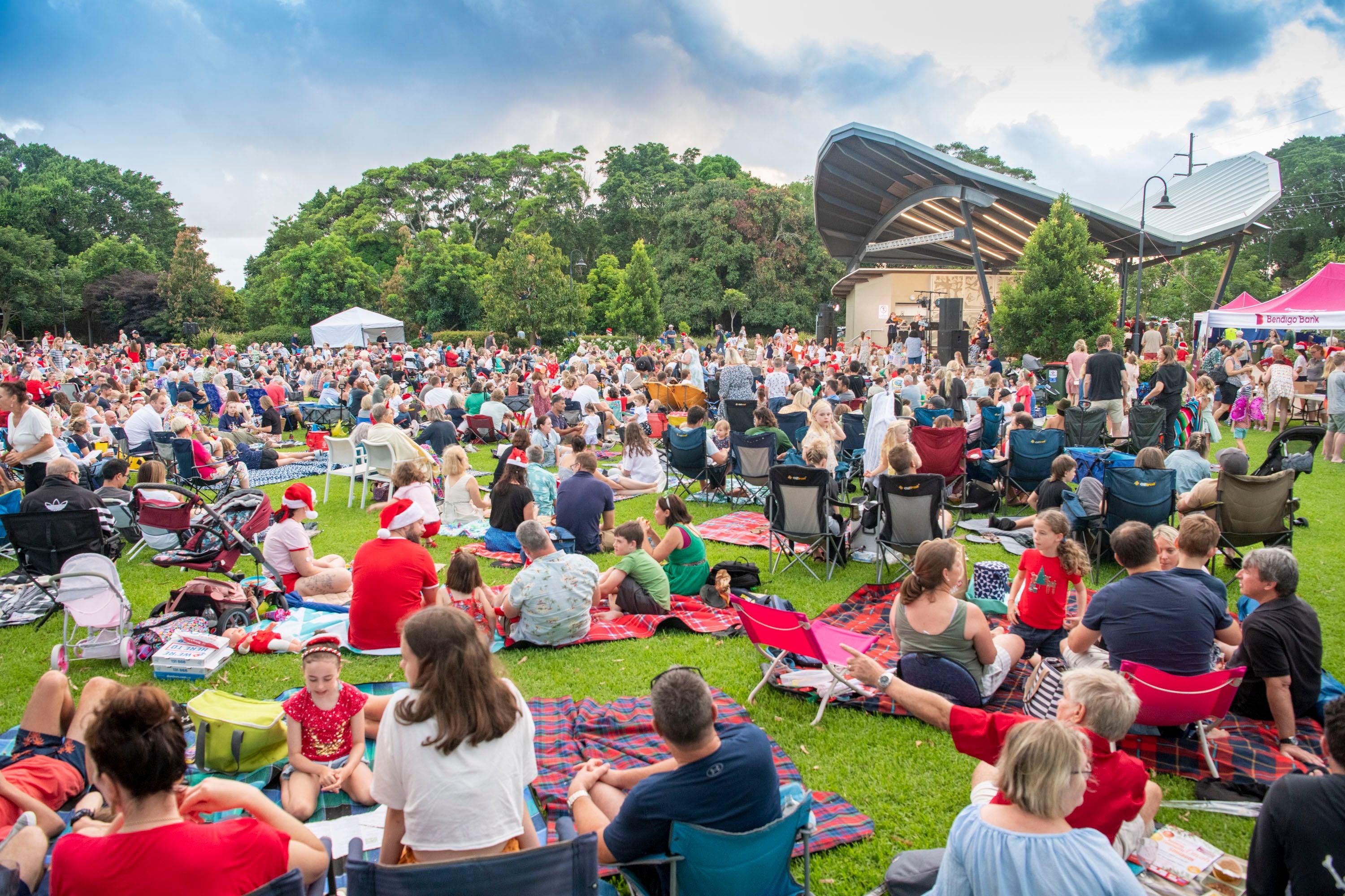 The covered stage and ‘Village Green’ hosting Carols by Candlelight.