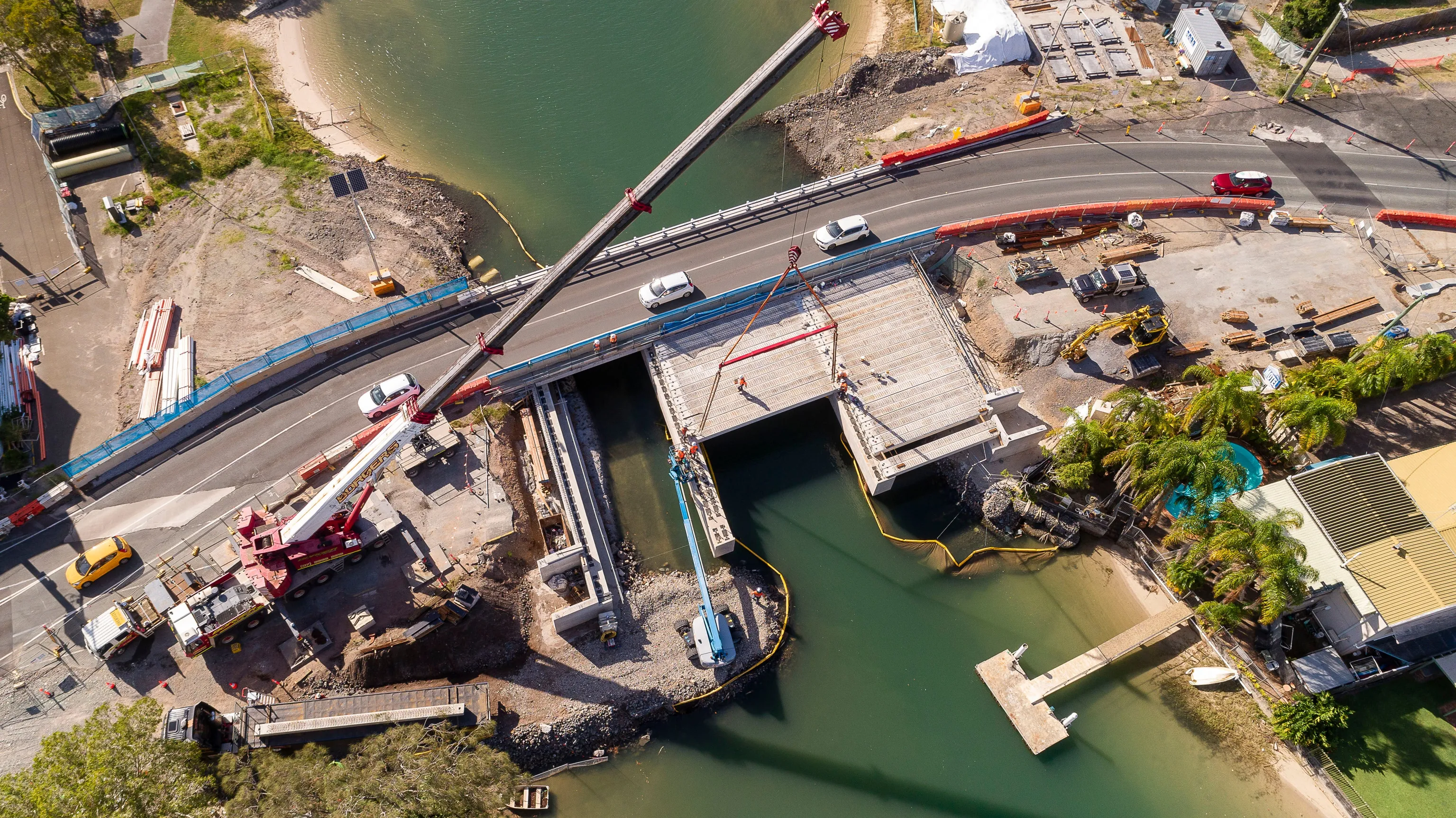 Arial view of construction on Mayes Canal bridge in Mooloolaba
