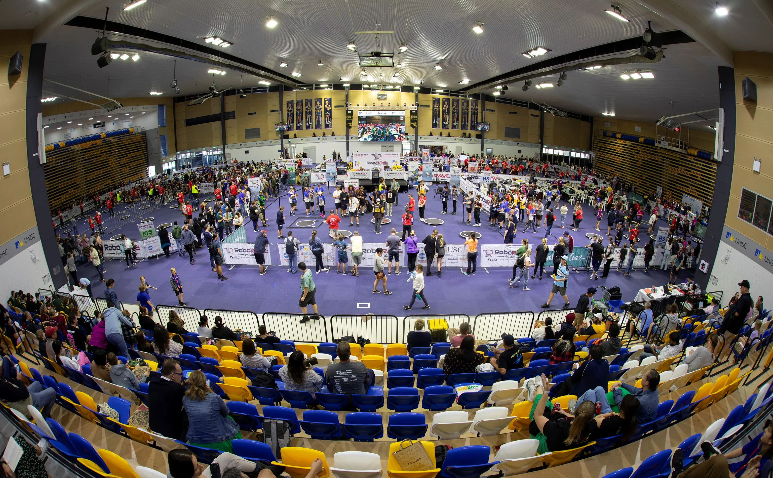 An arena view of competitions in progress at RoboRAVE Australia