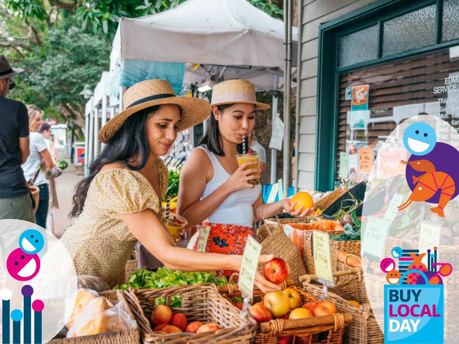Two people wearing hats looking at fruit baskets on display. Artwork for Buy Local Day in each bottom corner.