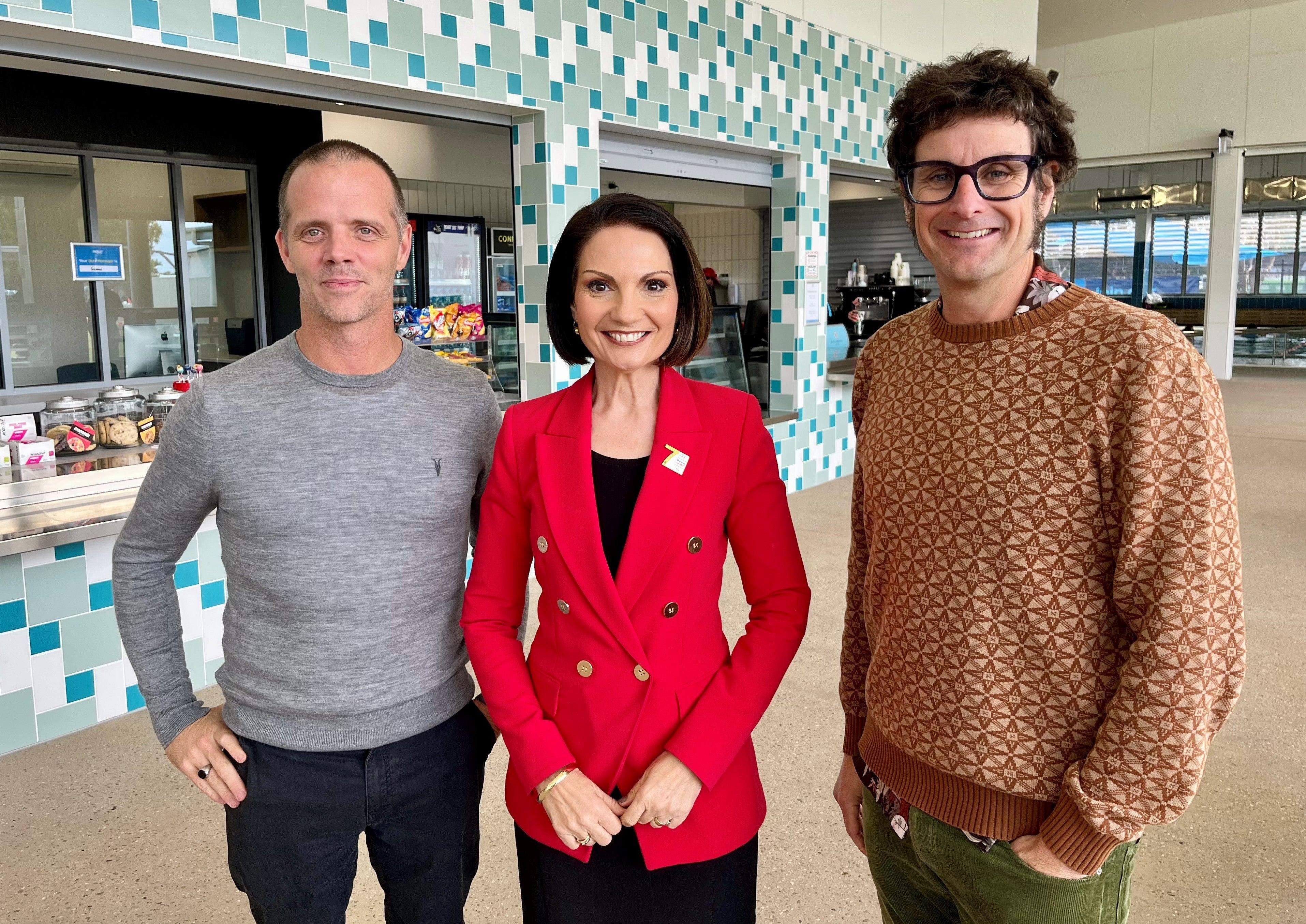 Left to right - CVM CEO Jay Clarke, Sunshine Coast Mayor Rosanna Natoli and Division 3 Cr Tim Burns at the opening of the Kawana Aquatic Centre redevelopment - 13 August 2025