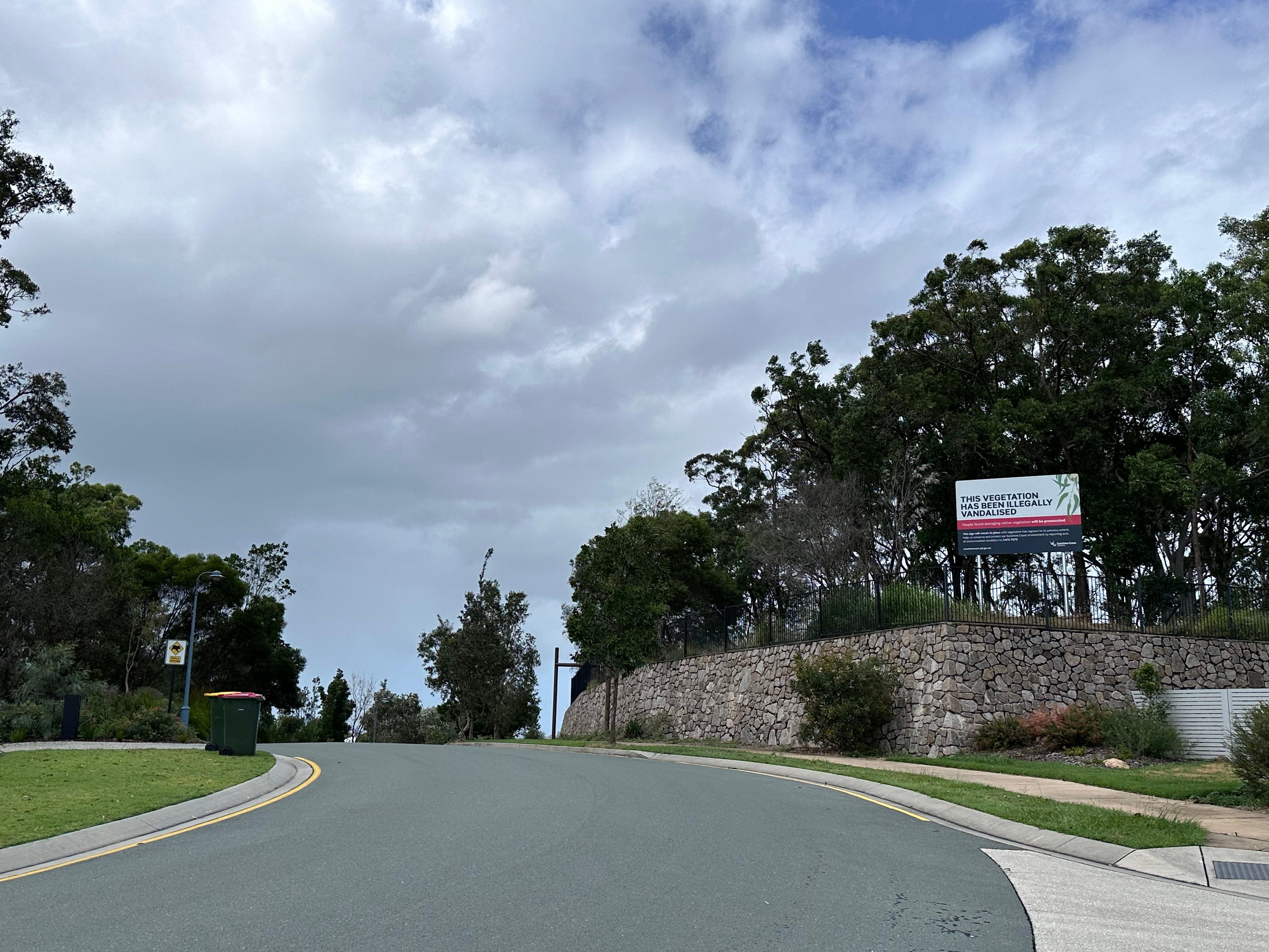 The koala crossing sign can be seen on the left of the photo and the posts that help koalas climb into the reserve on the right.