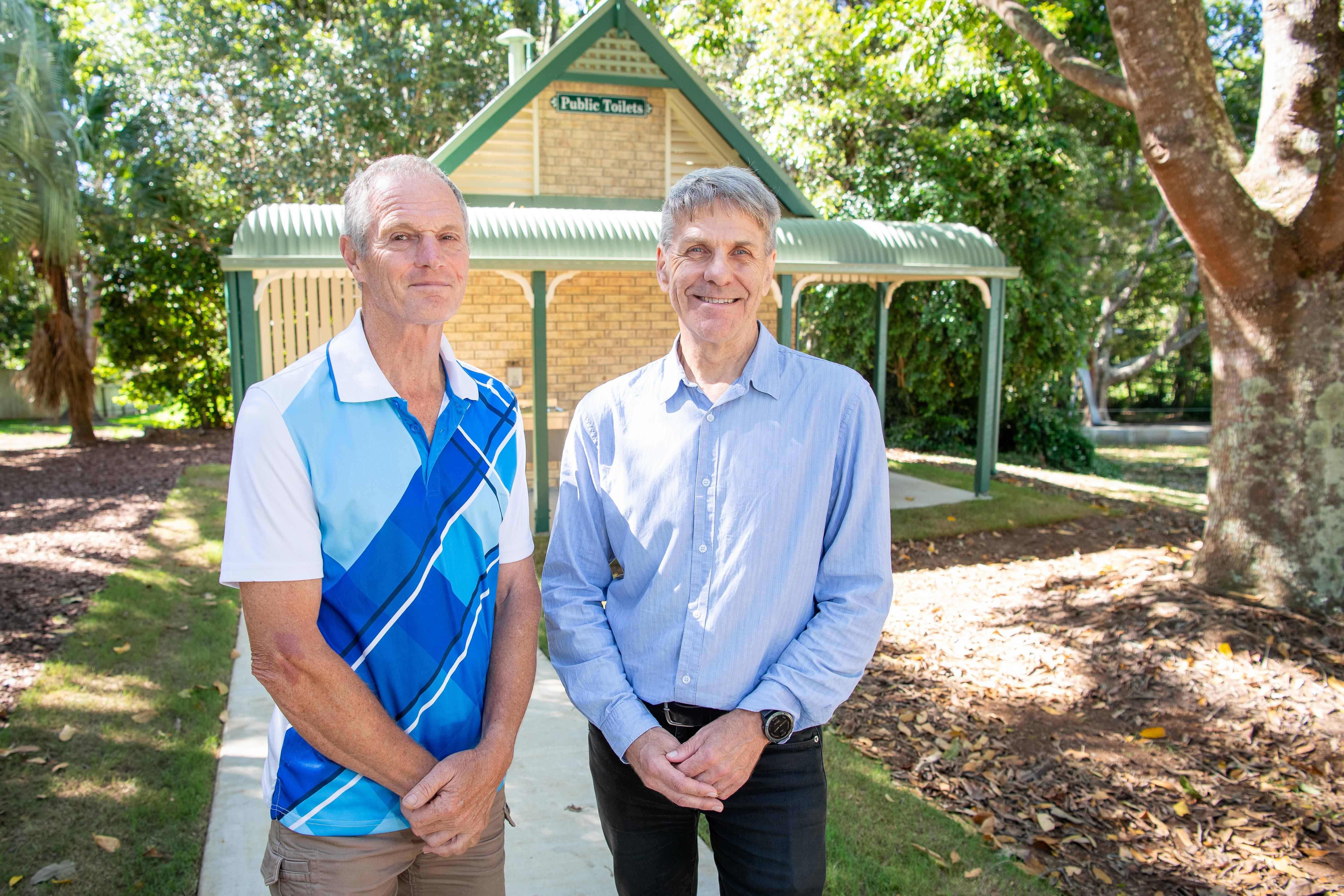 Division 10 Cr David Law (right) with Peter Gamgee, President of Mapleton and District Community Association - outside the new amenities at Mapleton Lilyponds Park