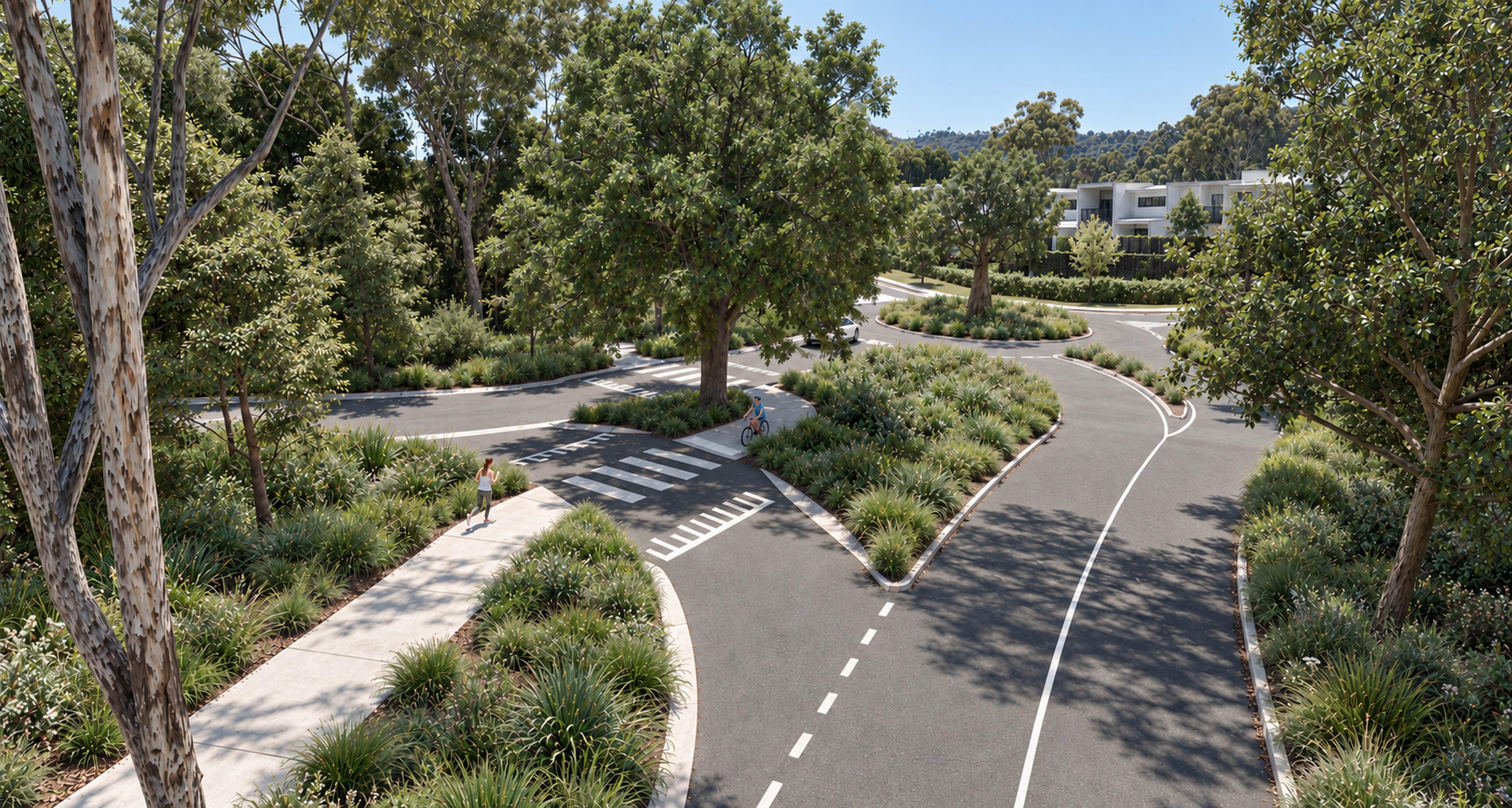 Dedicated left turn into Starling Street with priority walking and riding crossing.