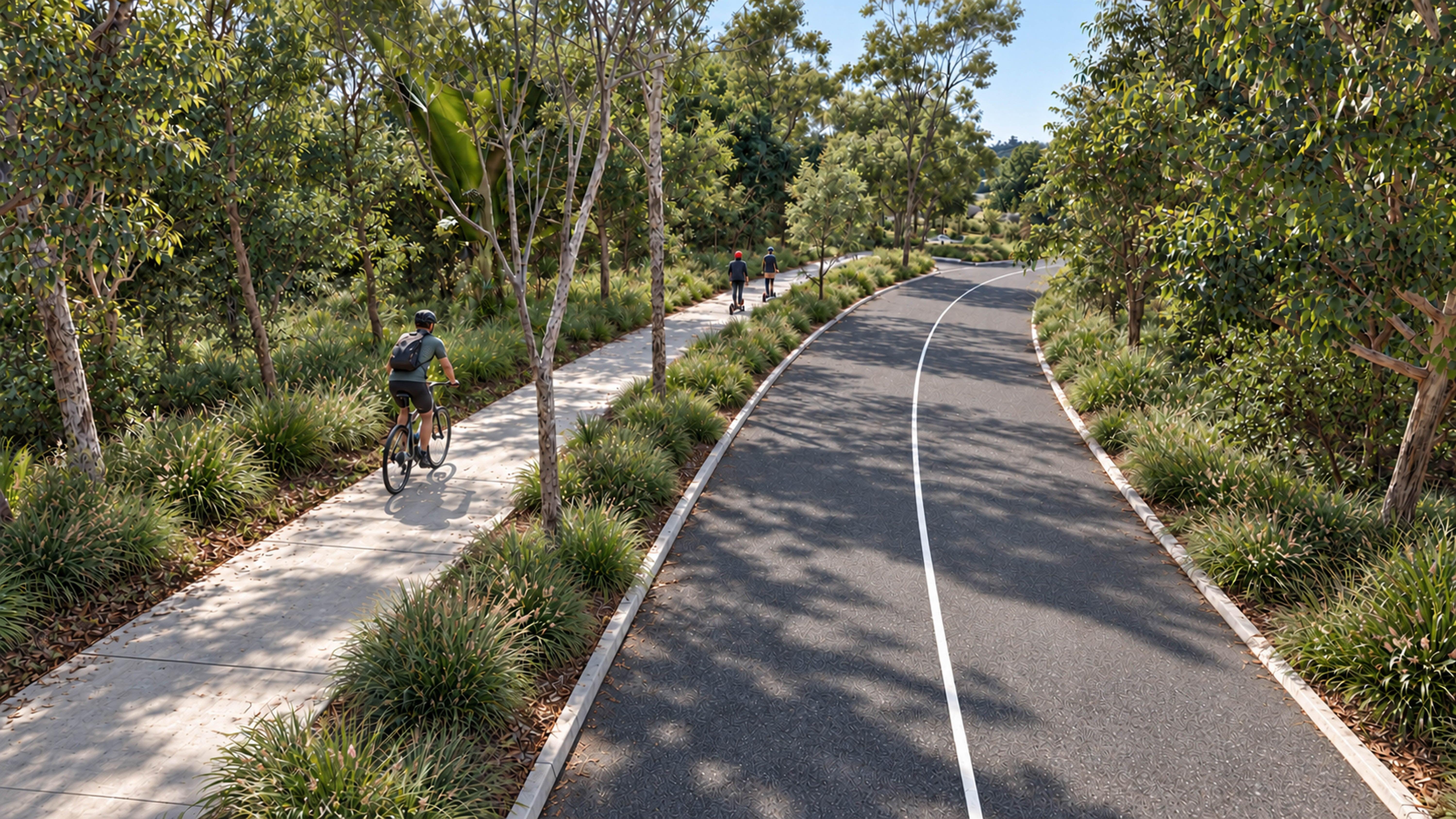 Goshawk Boulevard Extension with one traffic lane in each direction and 3metre shared pathway with street trees.