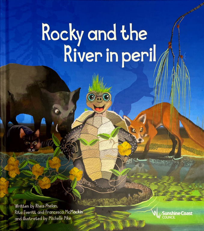 Book cover with Rocky the Mary River Turtle and invasive plants and animals