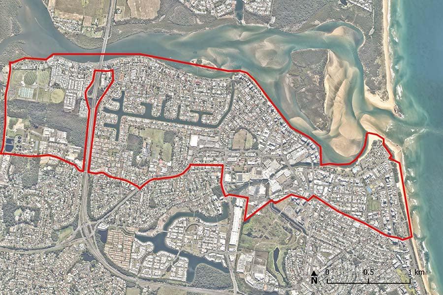 map of region showing outline of Maroochydore area in the investigation zone